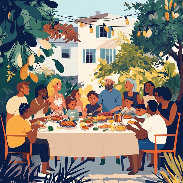 Photo big family and friends celebrating outside at home diverse group of children adults and old people