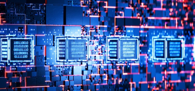 Photo binary code big data data block cube with binary code computer code abstract technical background hacker attack blockchain artificial intelligence digital technologies ai 3d rendering