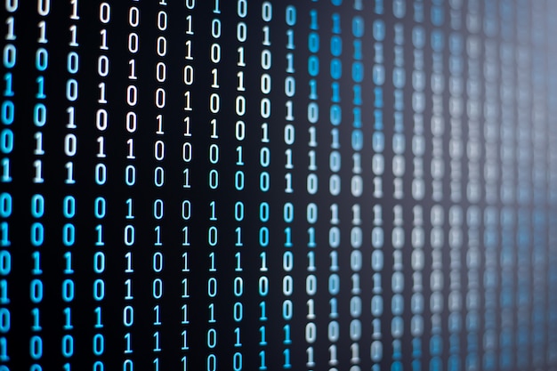 Photo binary code of different colours on computer screen. concept of information, coding, data, cloud storage