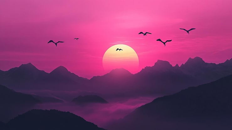 Photo birds flying in a pink sky with the sun behind them