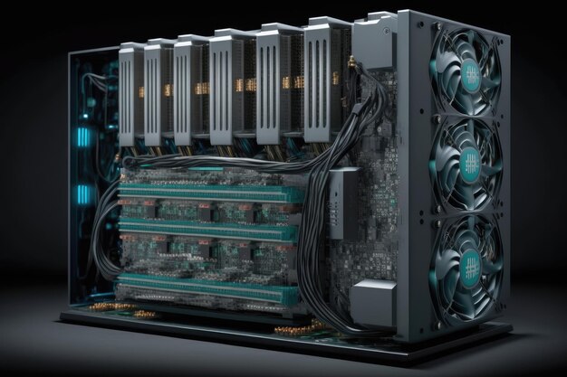 Photo bitcoin mining rig with rows of powerful gpus solving complex mathematical problems