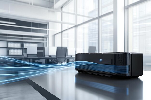 Photo a black and silver computer is on a table with a blue and white light