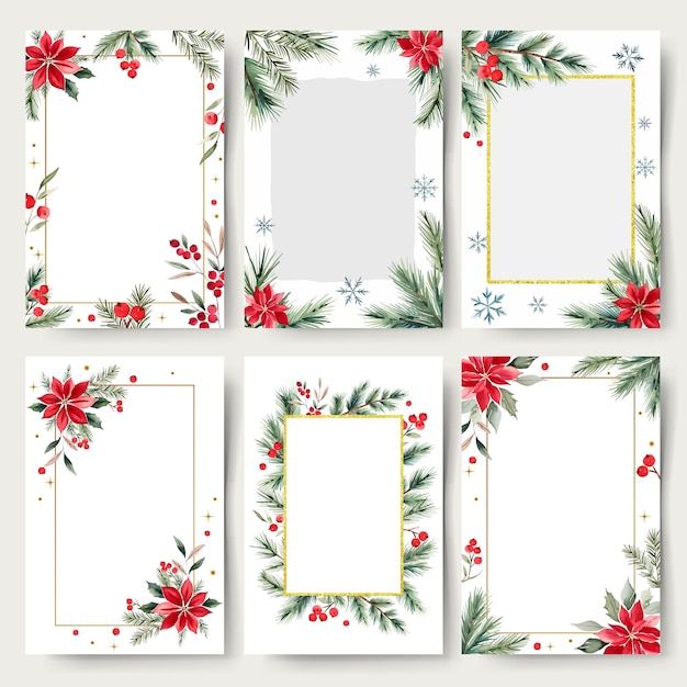 Photo blank christmas cards with watercolor plants flowers and snowflakes fir berries new year frames