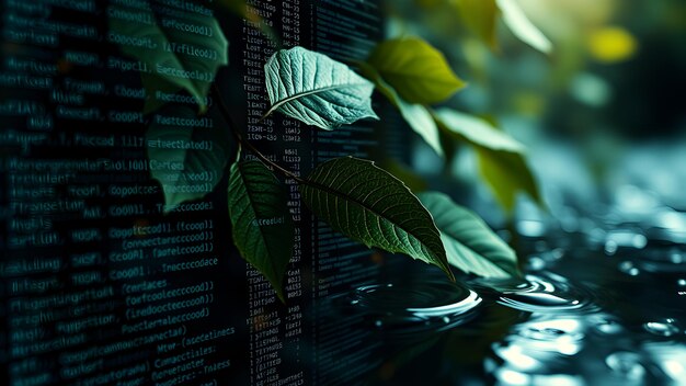 Photo a blend of digital and natural elements such as computer code merging with organic patterns like le
