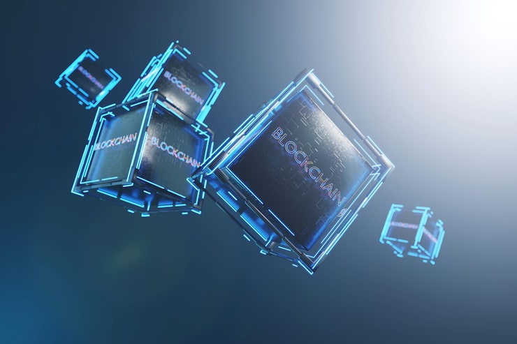 Blockchain on a dark cube Blockchain technology with abstract background Blockchain on a network abstract background 3d rendering