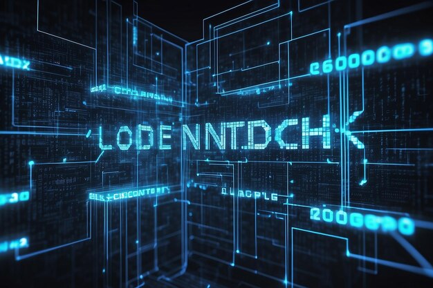 Photo blockchain network concept distributed ledger technology block chain text and computer connection with blue matrix coded background