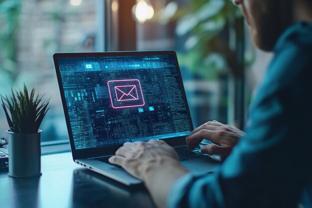 Photo blocking spam email warning popup for phishing mail network security concept