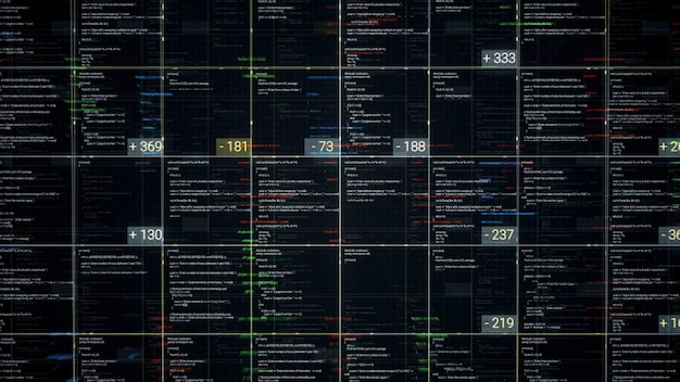 Photo blocks of abstract program code flowing and changing on black background animation data flowing on the screen of a computer or laptop it software development and hacking concept