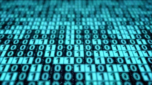 Photo blue digital binary code matrix on computer monitor display screen, pattern of bit data block processing, modern cyber security coding technology concept background