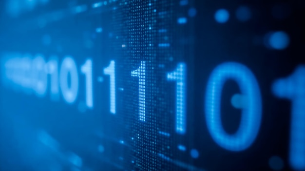 Photo blue digital data code on screen electronic digital number display on computer monitor featuring white digits over blue backdrop network data stream encryption coding