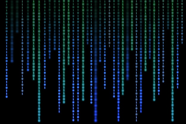 Photo blue matrix background of binary numbers matrix of computer data vertical digital binary code moves down