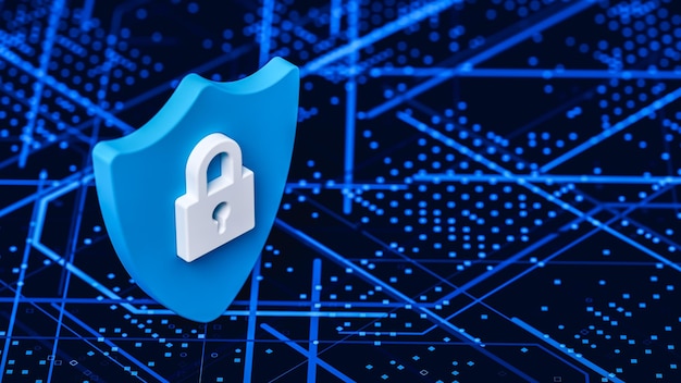 Photo blue technology stage with a shield and white padlock computer security and cybersecurity theme