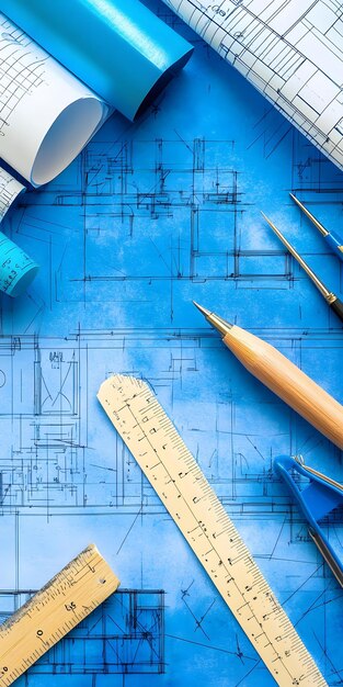 Photo blueprints and drafting tools on desk