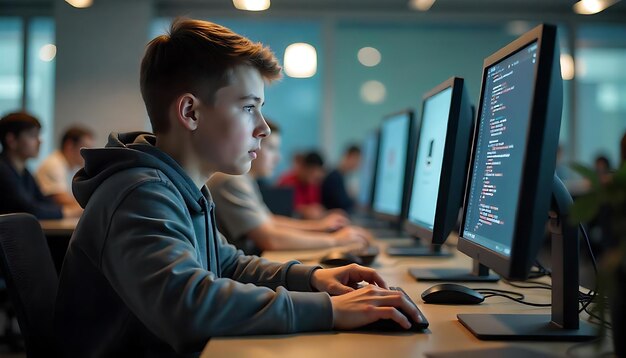 Photo a boy is typing on a computer with a computer screen showing a computer screen