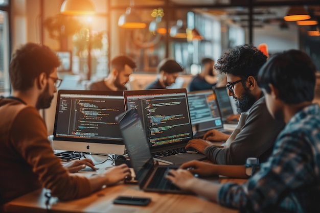 Photo brainstorming it programmers use computer together software engineers develop app program