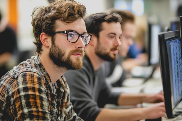 Photo brainstorming it programmers use computer together software engineers develop app program