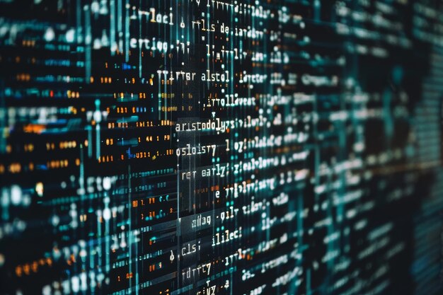 Photo bright streams of code illuminate a dark environment showcasing the complexity of computer programming and data processing in a technologydriven workspace