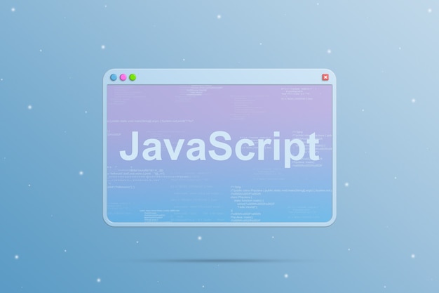 Photo browser window with javascript programming language icon and with program code elements on the scree