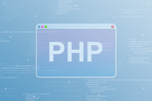 Photo browser window with php programming language icon and code elements in the background 3d