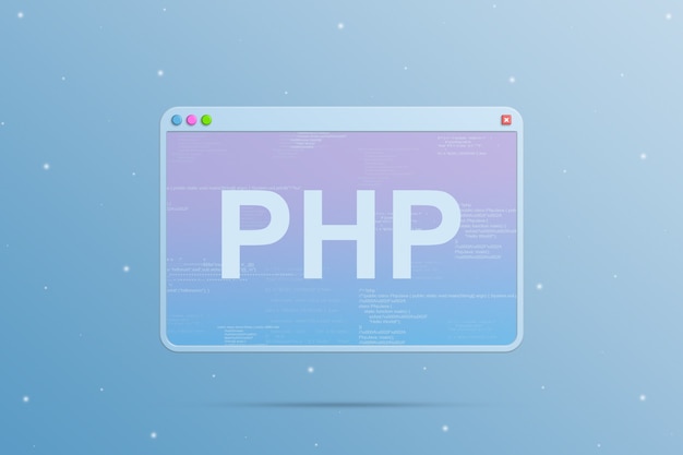 Photo browser window with php programming language icon and with program code elements on the screen 3d
