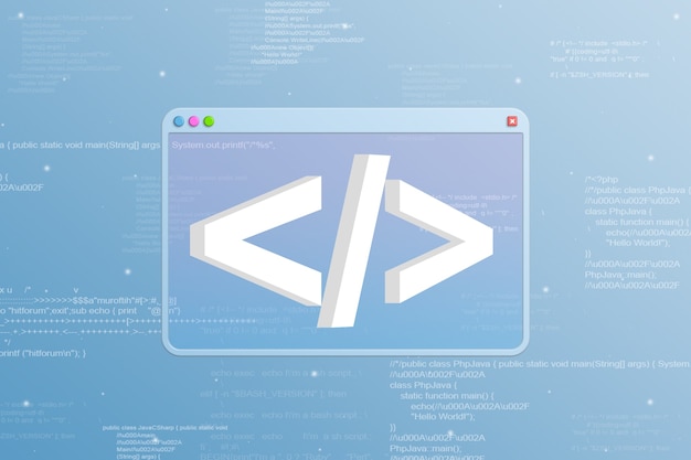 Photo browser window with programming icon and code elements on background 3d