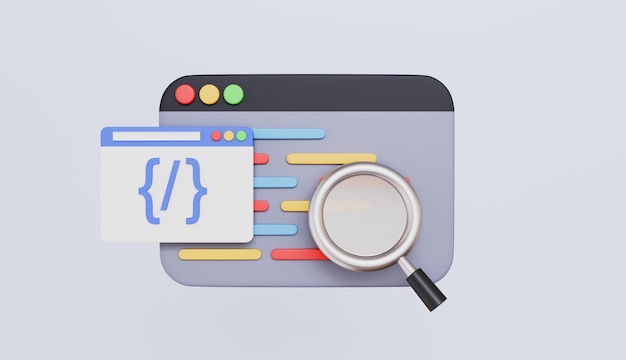 Photo browser with programming source code and magnifying glass coding screen coding icon