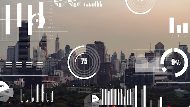 Photo business data analytic interface fly over smart city showing alteration future
