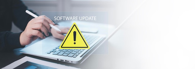 Photo business people using computer laptops with triangle caution warning signs http 404 error not found page template internet and technology concept loading bar with installing the update technology