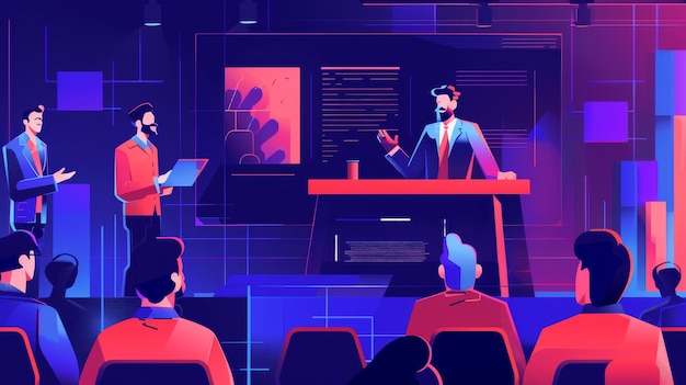 Photo business presentation with a modern digital design showcasing speakers and an audience in a vibrant