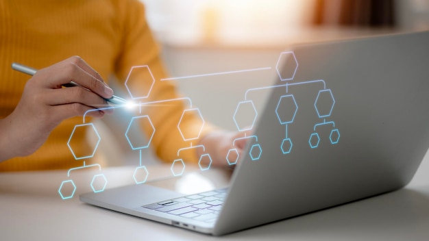 Photo business process flowchart implement and improve on virtual screen organigram and hierarchy scheme design workflow automation with flowcharts model structure digital and data management