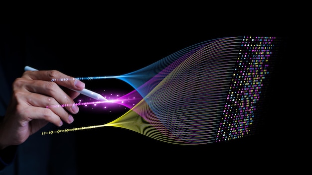 Photo businessman analyzing complex big data with ai artificial intelligence analytics metrics data mining insights data science data scientist ai machine learning analysis technology for business