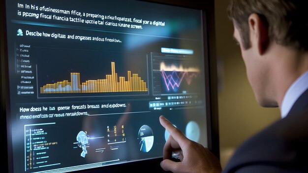 Photo businessman analyzing financial data on a computer screen