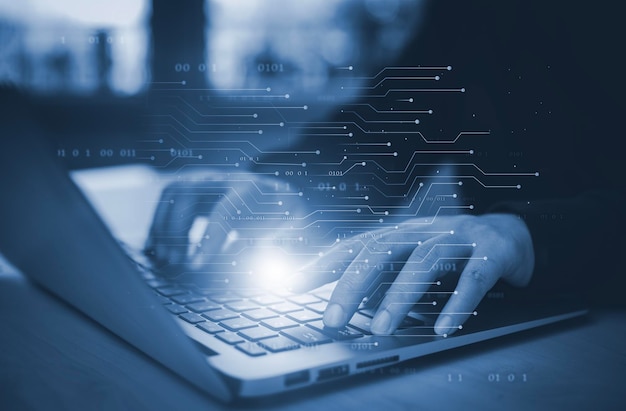 Photo businessman hand touch with code html and programming on screen laptopprogrammer development computer codeweb design coding technology in software digital software technology development iot