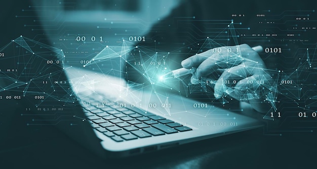 businessman hand touch with code html and programming on screen laptopprogrammer development computer codeweb design coding technology in software digital software technology development iot