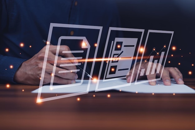 Photo businessman using computer document management system dms online documentation database process automation to efficiently manage files