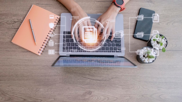 Photo businesswoman using a computer to document management concept online documentation database and digital file storage system or software records keeping database technology file access doc sharing