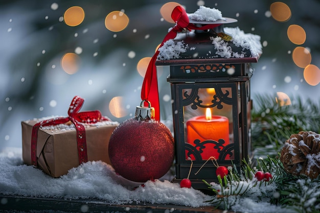 Photo a candle and gift on snowy table