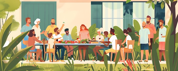 Photo a cartoon illustration of people at a table with food and flowers