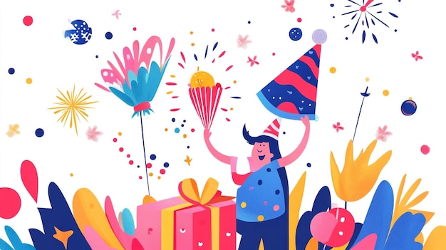 Photo a cartoon of a man with a hat and a balloon with the words quot hello kitty quot on it