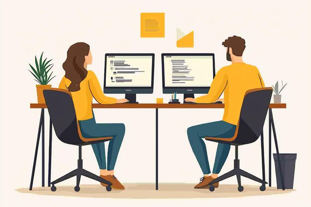 Photo a cartoon of a man and a woman working at a computer with the text code on it