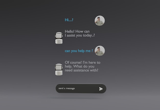 Photo chat bot on ai assistant robot to communicate with users programming web prompt ai 3d cool black