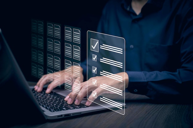 Photo checklist and clipboard task documentation management online survey form checklist by laptop computer document management checking system online documentation database and process manage files