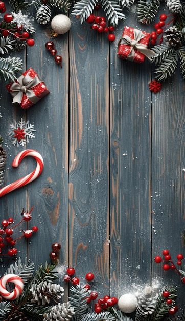 Photo christmas card template with festive decorations on grey wooden background