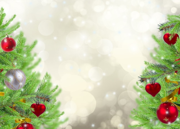 Photo christmas frame background with decorated fir tree on gray sparkling background