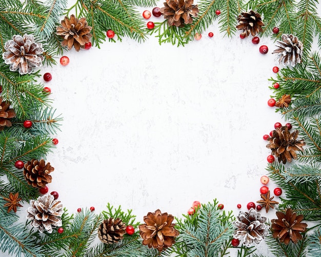 Photo christmas frame with fir branches, berry, cones.