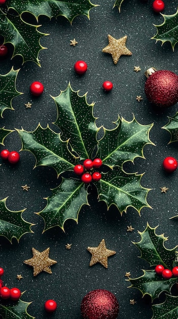 Photo christmas holly with red berries and gold stars