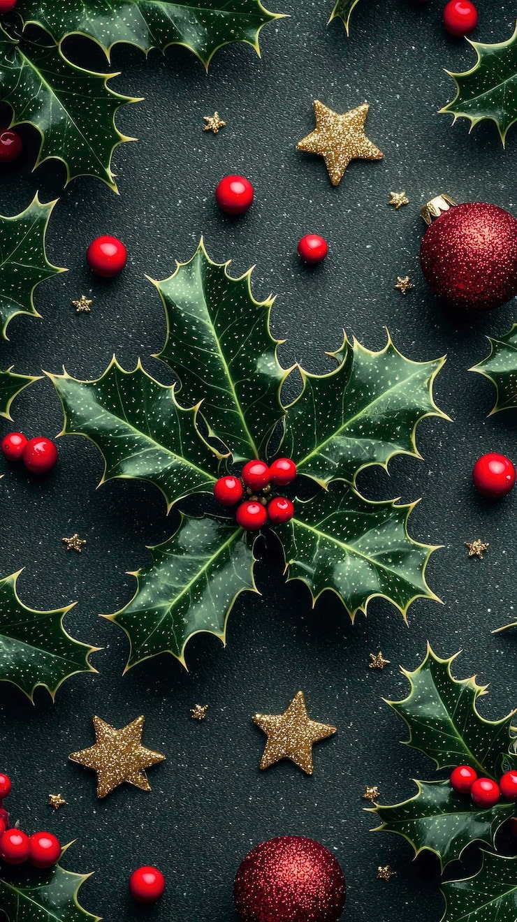 Photo christmas holly with red berries and gold stars