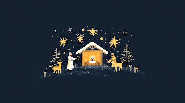 Photo a christmas illustration depicting the nativity scene with golden stars and a dark blue background