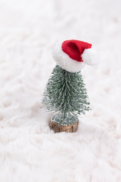Photo christmas little trees and wool background.