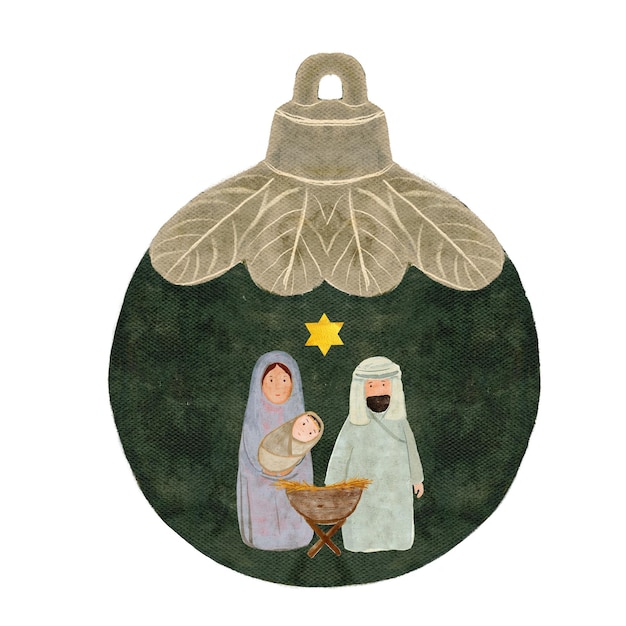 Photo christmas tree textured ball with nativity scene isolated on white watercolor illustration for textile wrapping paper cards christmas new year invitations cards stickers posters totes design